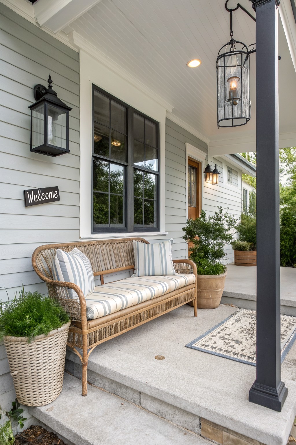 A rattan bench with striped cushions sits on the concrete landing of a front porch beside potted plants, in front of a light gray house with black-framed windows.