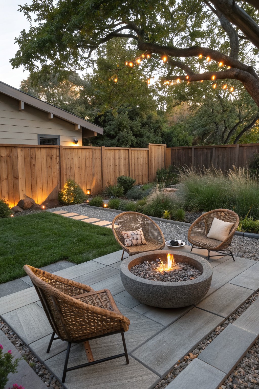 Cozy patio with stone fire pit, three wicker chairs, string lights, and wooden fence.