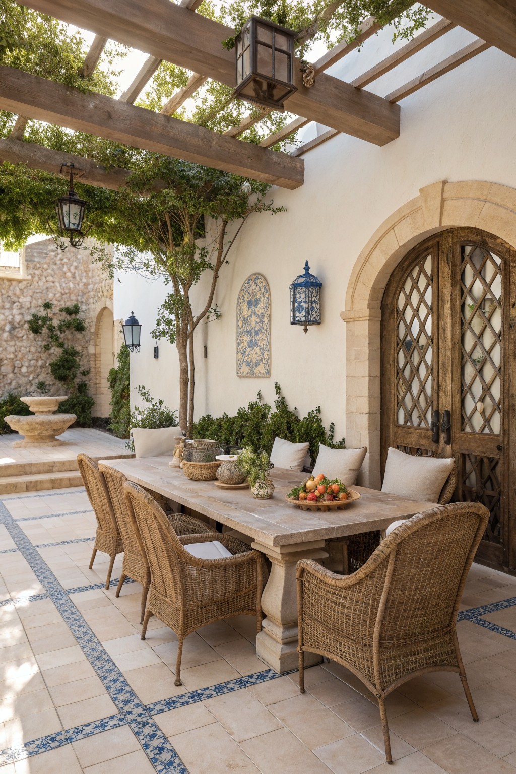Outdoor patio with a long stone dining table and multiple woven rattan chairs arranged beneath a wooden pergola with hanging lanterns.