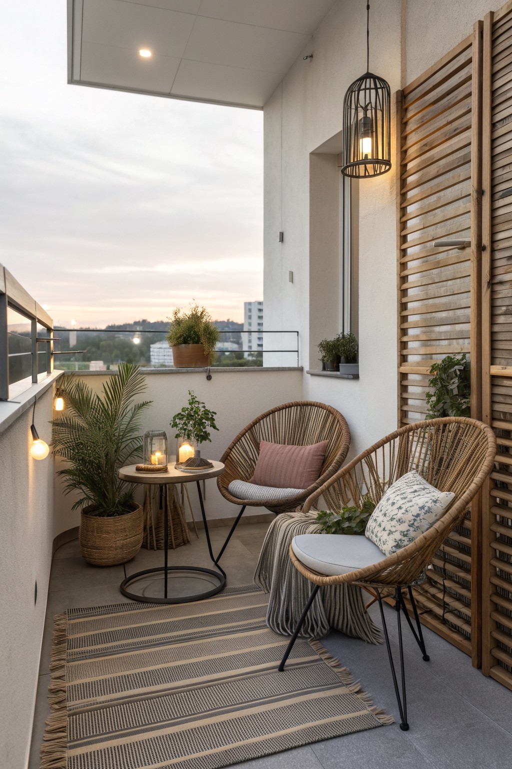 Two rattan chairs with cushions sit on a striped rug on a balcony next to a round table holding plants and lanterns.