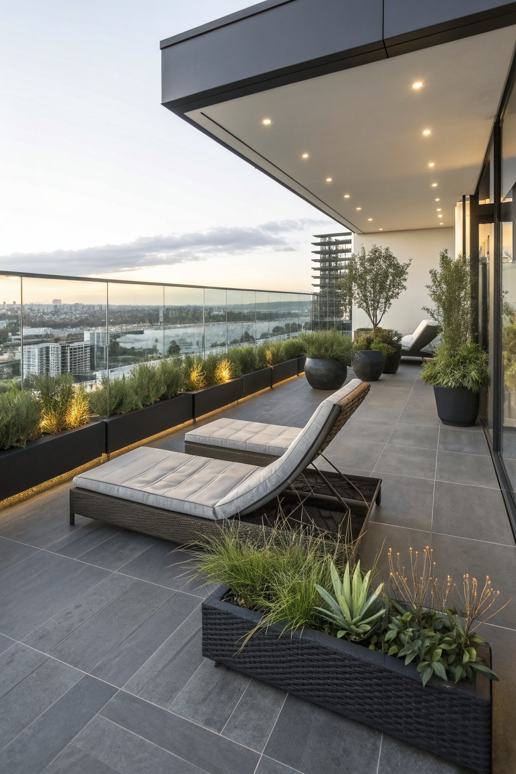 Two rattan chaise lounges placed on a modern balcony with dark tile flooring, built-in planters, potted trees, and a glass railing overlooking a city skyline at dusk.