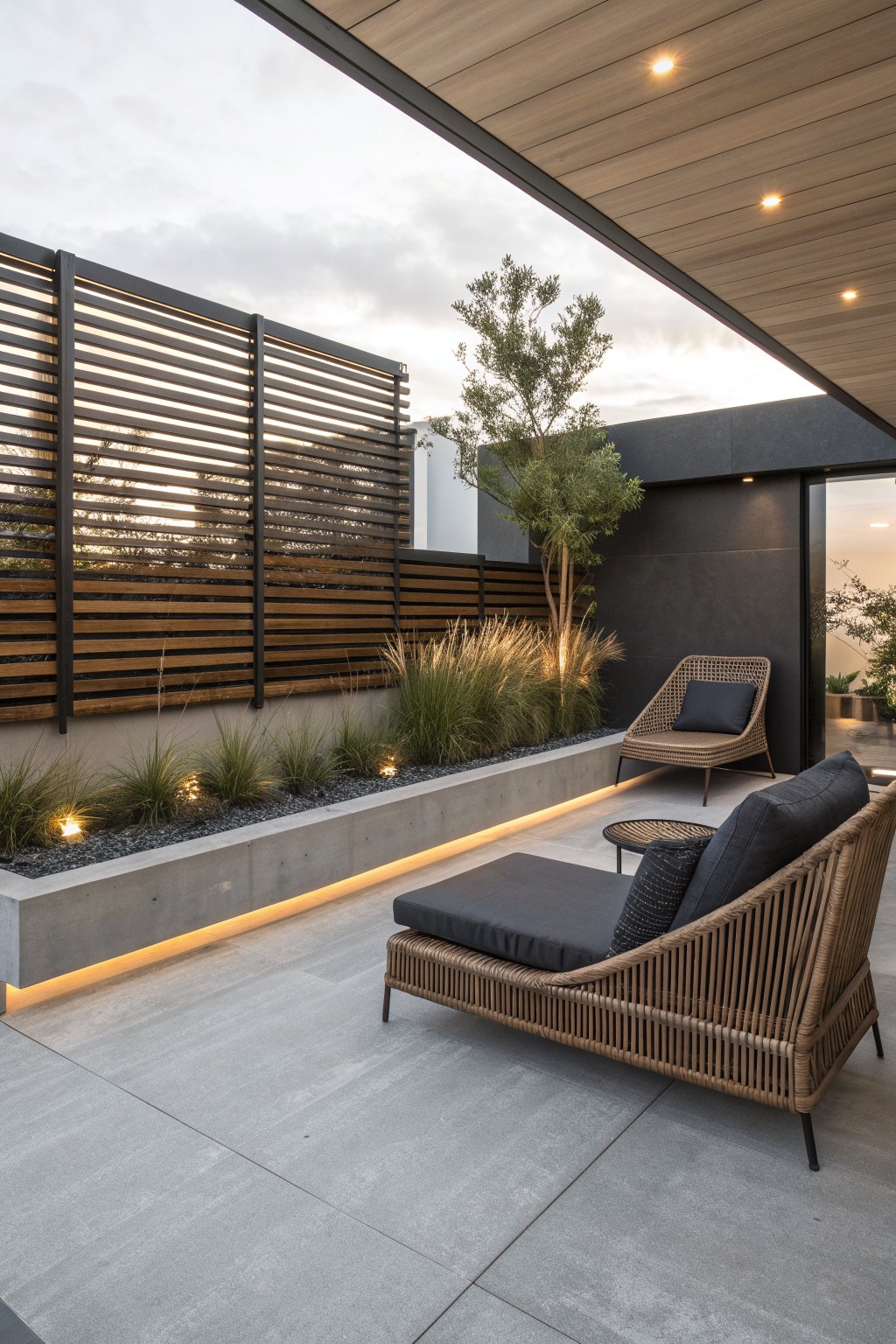 Modern outdoor patio with rattan lounge chairs and a daybed next to a long concrete planter filled with grasses and small lights.