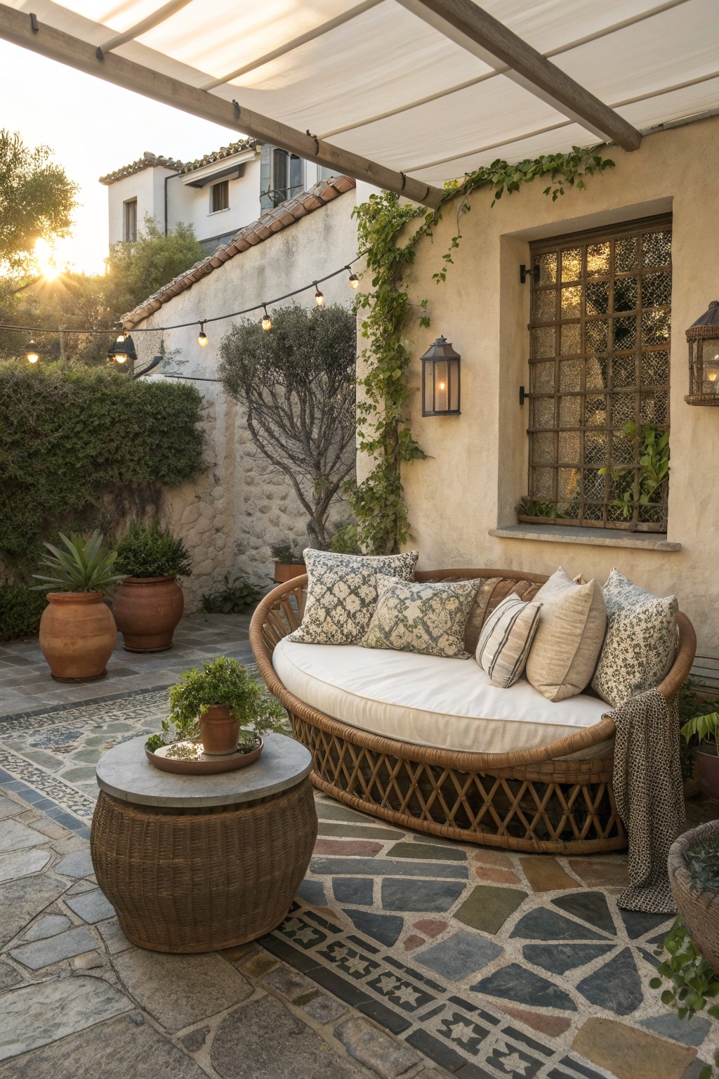 A round rattan daybed with white cushions and pillows sits on a flagstone patio under a pergola beside a stucco wall with a window.
