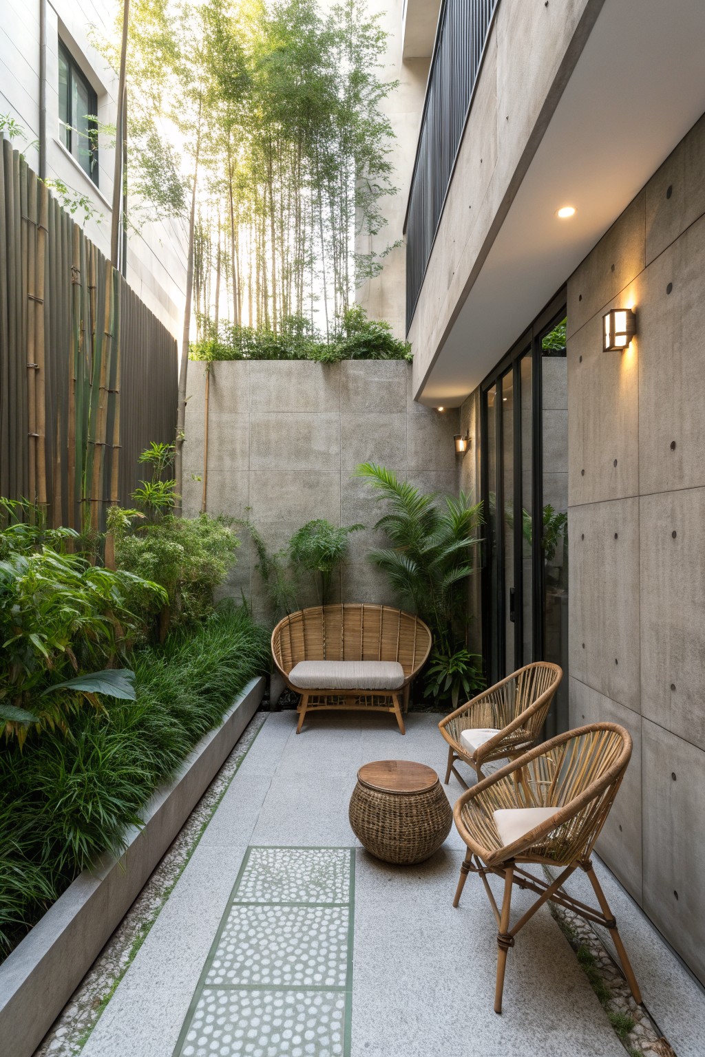 Modern courtyard patio with wicker bench, rattan chairs, bamboo plants, and concrete walls.