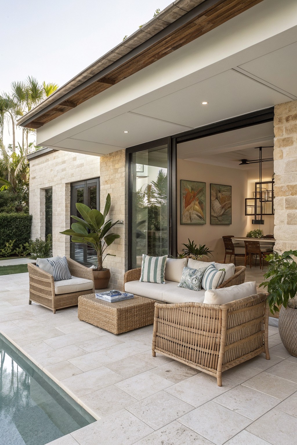 A patio with multiple rattan sofas and armchairs arranged around a woven ottoman on light stone tiles next to a swimming pool, with open glass doors showing an interior dining space.