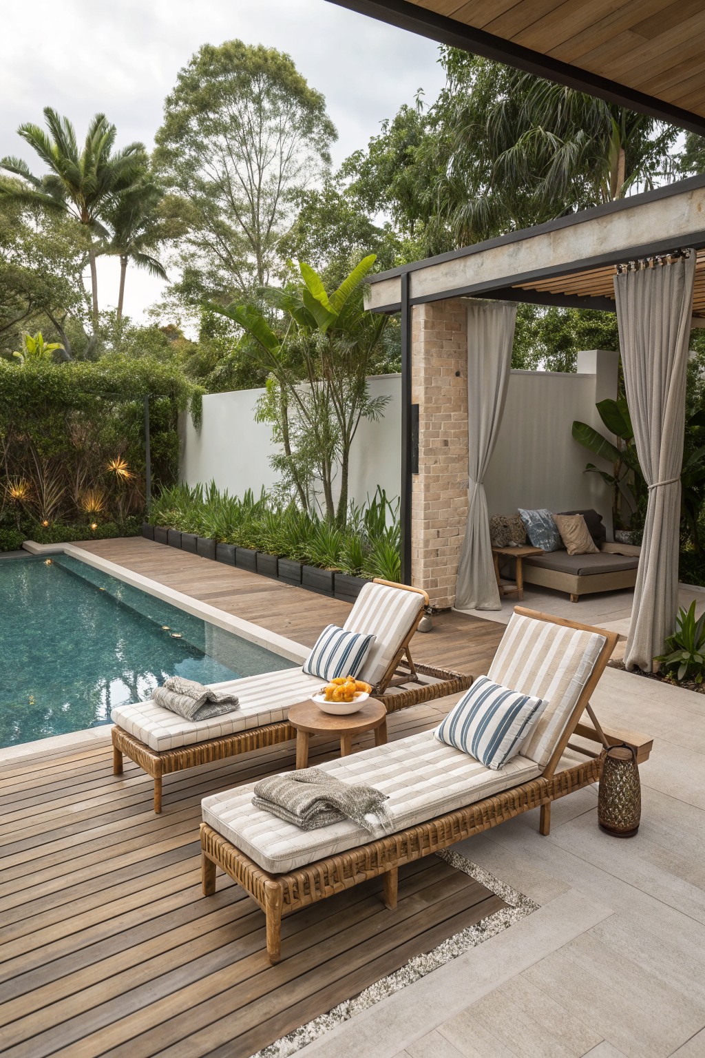 Two rattan lounge chairs with striped cushions and folded towels sit on a wooden deck next to a swimming pool, with a small table holding a bowl of oranges.