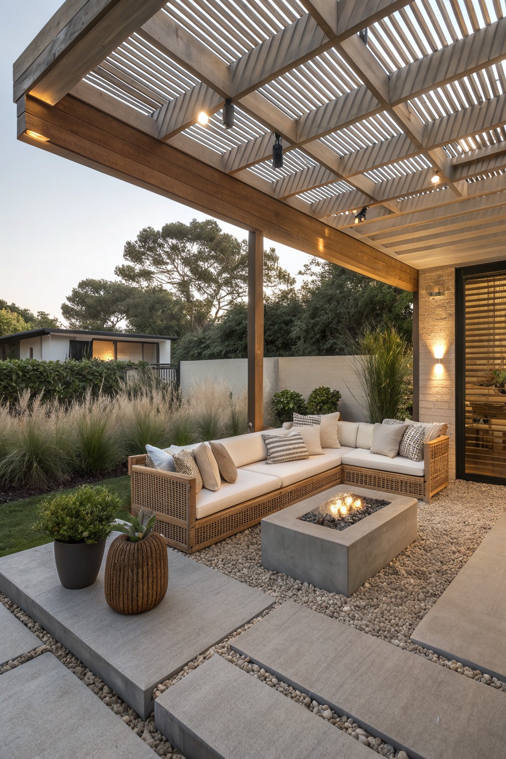 An L-shaped rattan sectional sofa sits under a wooden pergola around a square concrete fire pit on a gravel patio.