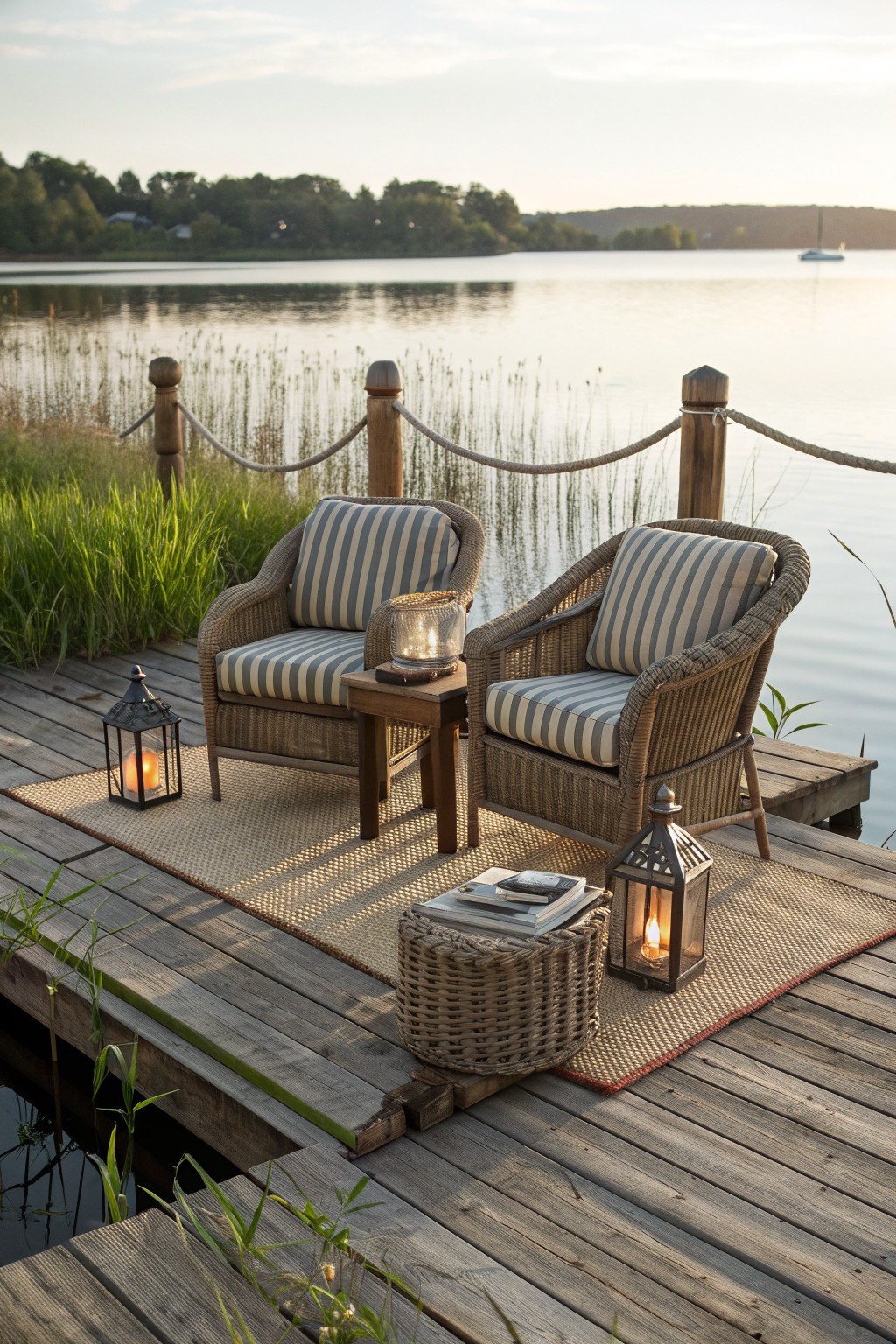 Two rattan armchairs with striped cushions sit on woven rugs on a wooden dock by a lake, with lanterns, a side table, and a basket nearby.