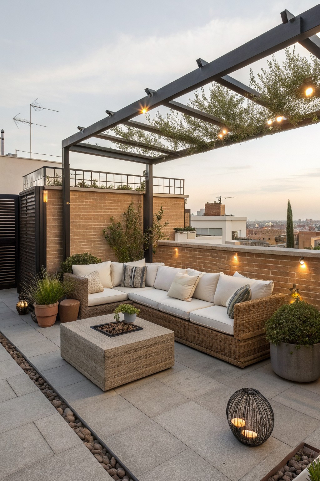 A rooftop terrace with a large L-shaped rattan sectional sofa with white cushions arranged around a square fire pit table under a dark pergola with string lights and potted plants.