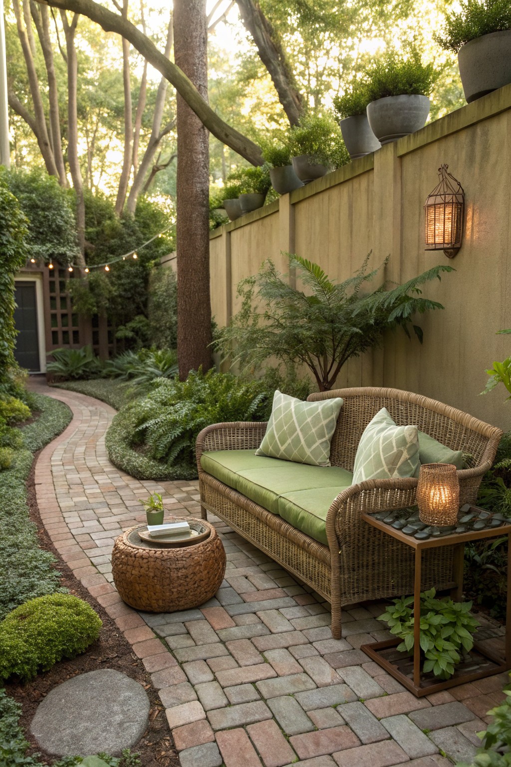 A rattan sofa with green cushions and patterned pillows sits on a brick patio next to a curved garden path, with potted plants along a wall.