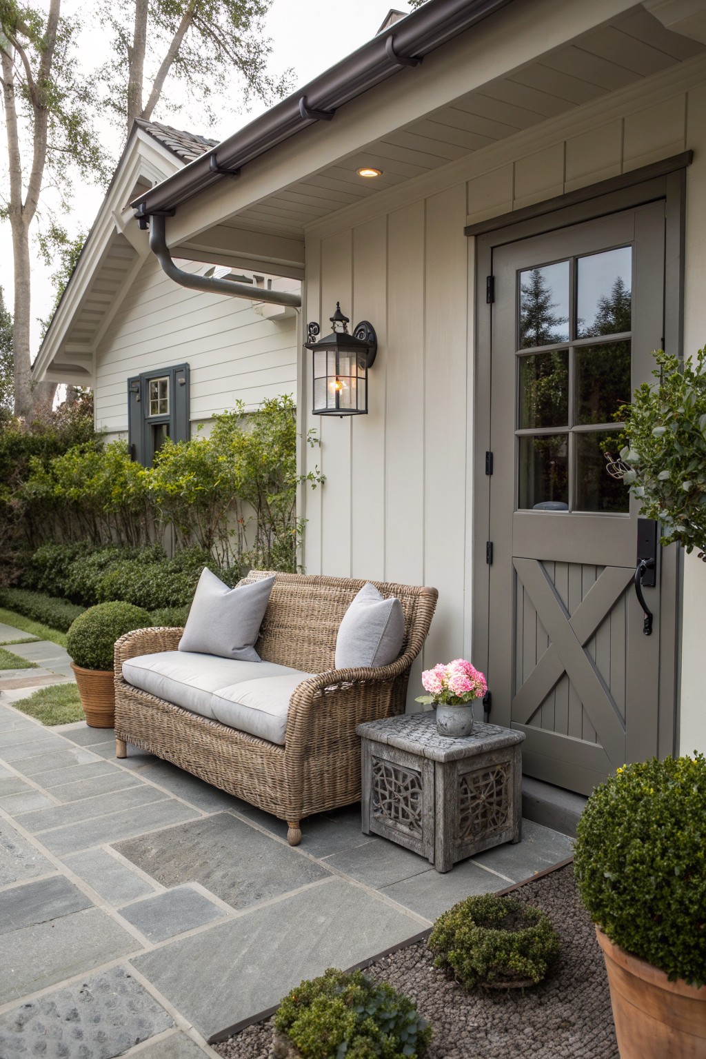 A rattan sofa with light cushions sits on a stone patio beside a gray door, next to a small side table with flowers.