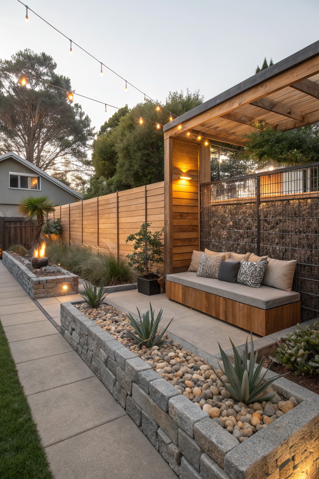 Modern backyard patio with wooden bench, string lights, stone planters, and fire pit at dusk.