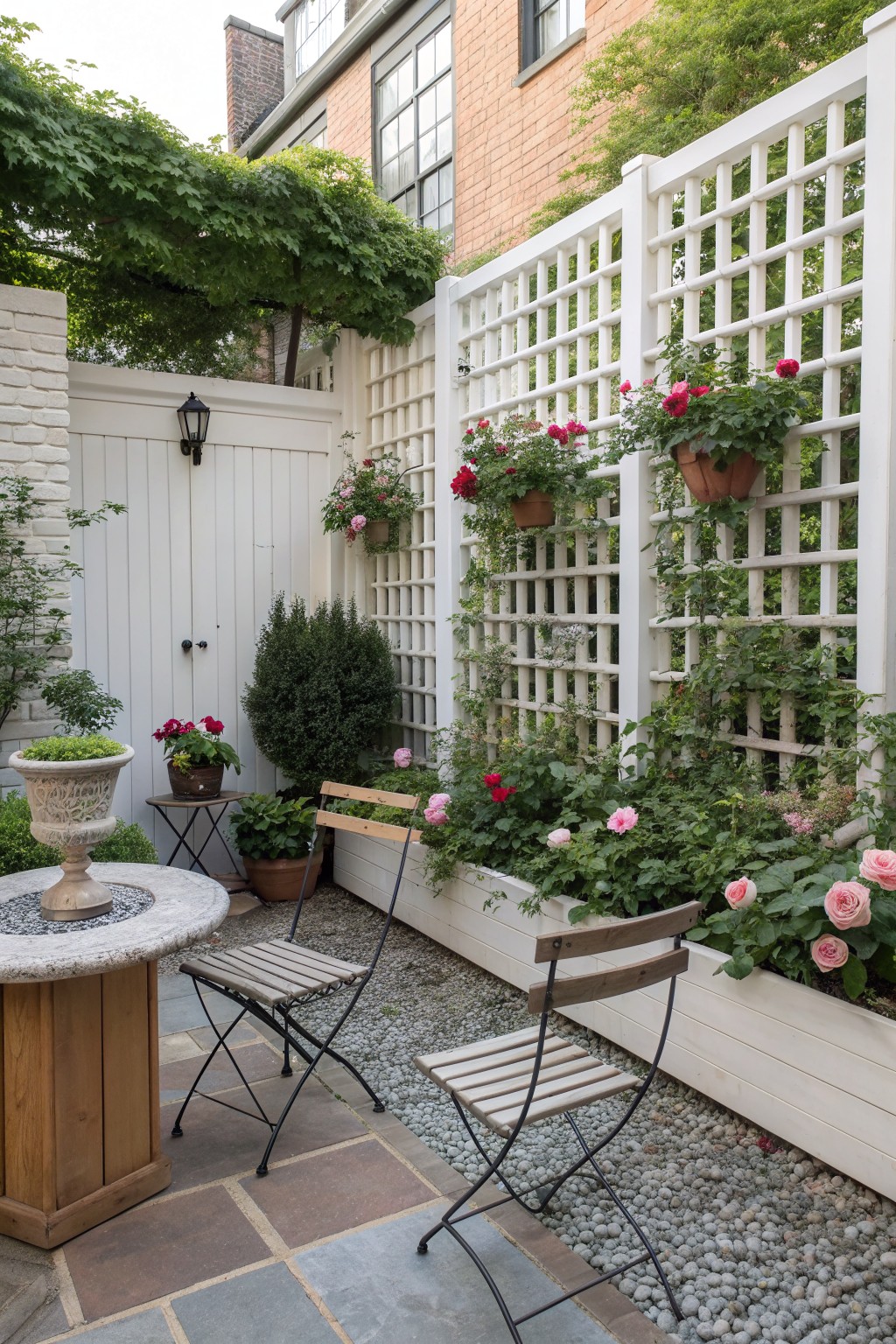 A small backyard patio with two folding chairs sits on stone pavers and gravel, enclosed by a white fence with lattice panels covered in potted flowers and greenery.