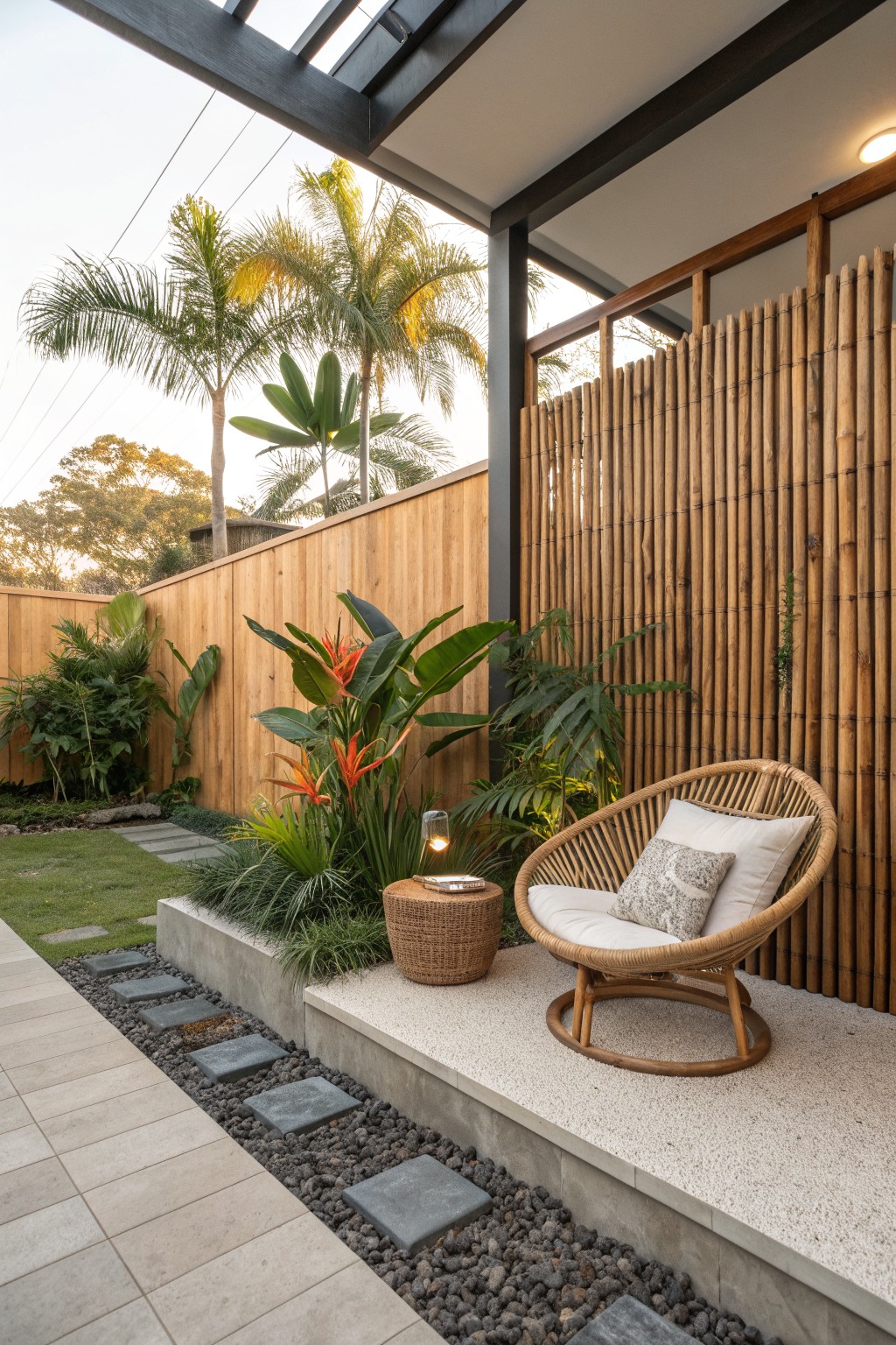 A wicker chair with cushions sits on a raised concrete patio next to a tall bamboo privacy fence with plants nearby.