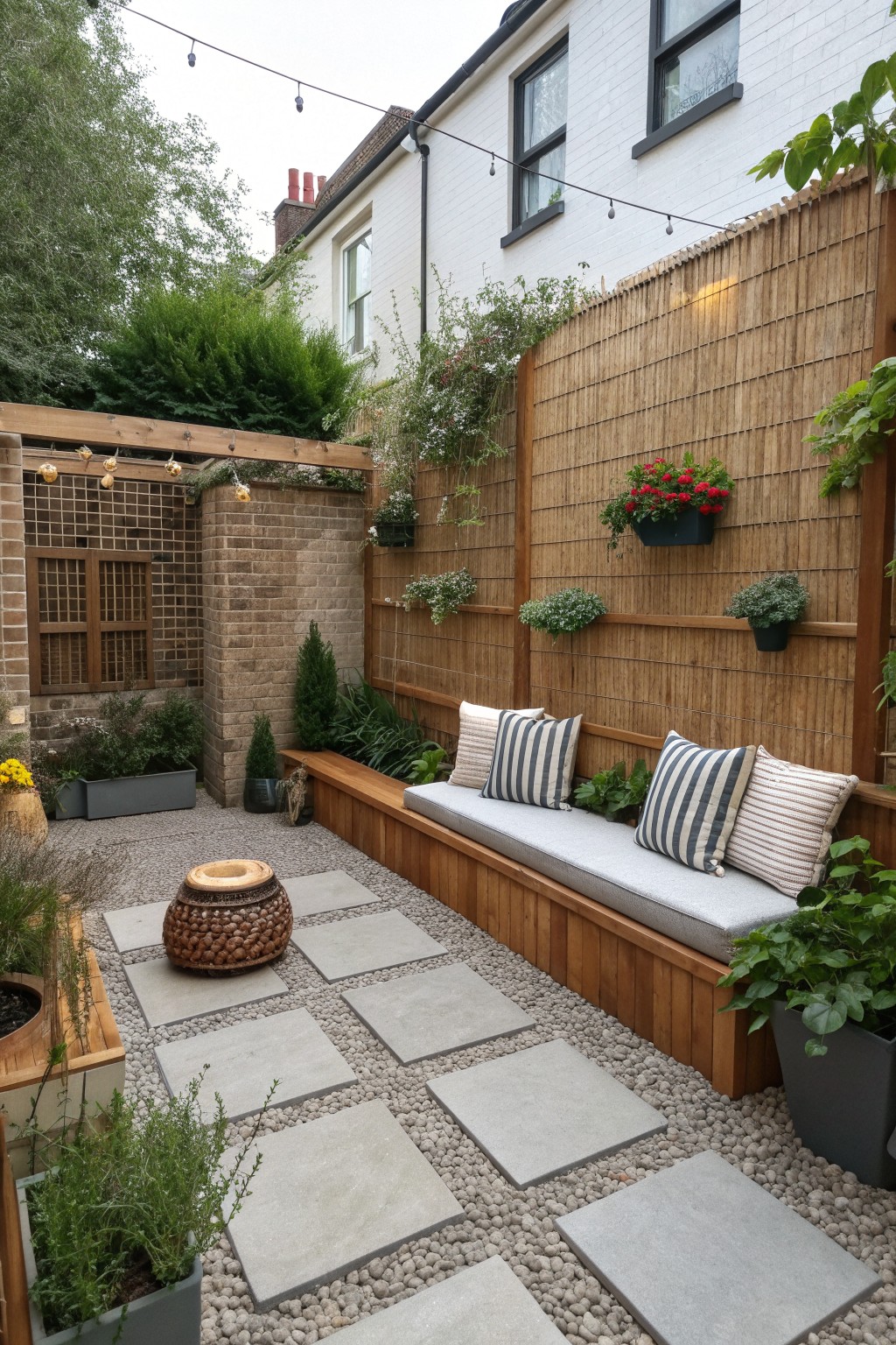 A backyard patio features a long cushioned bench against a tall woven bamboo privacy fence with potted plants mounted on the fence and gray stone pavers on gravel.