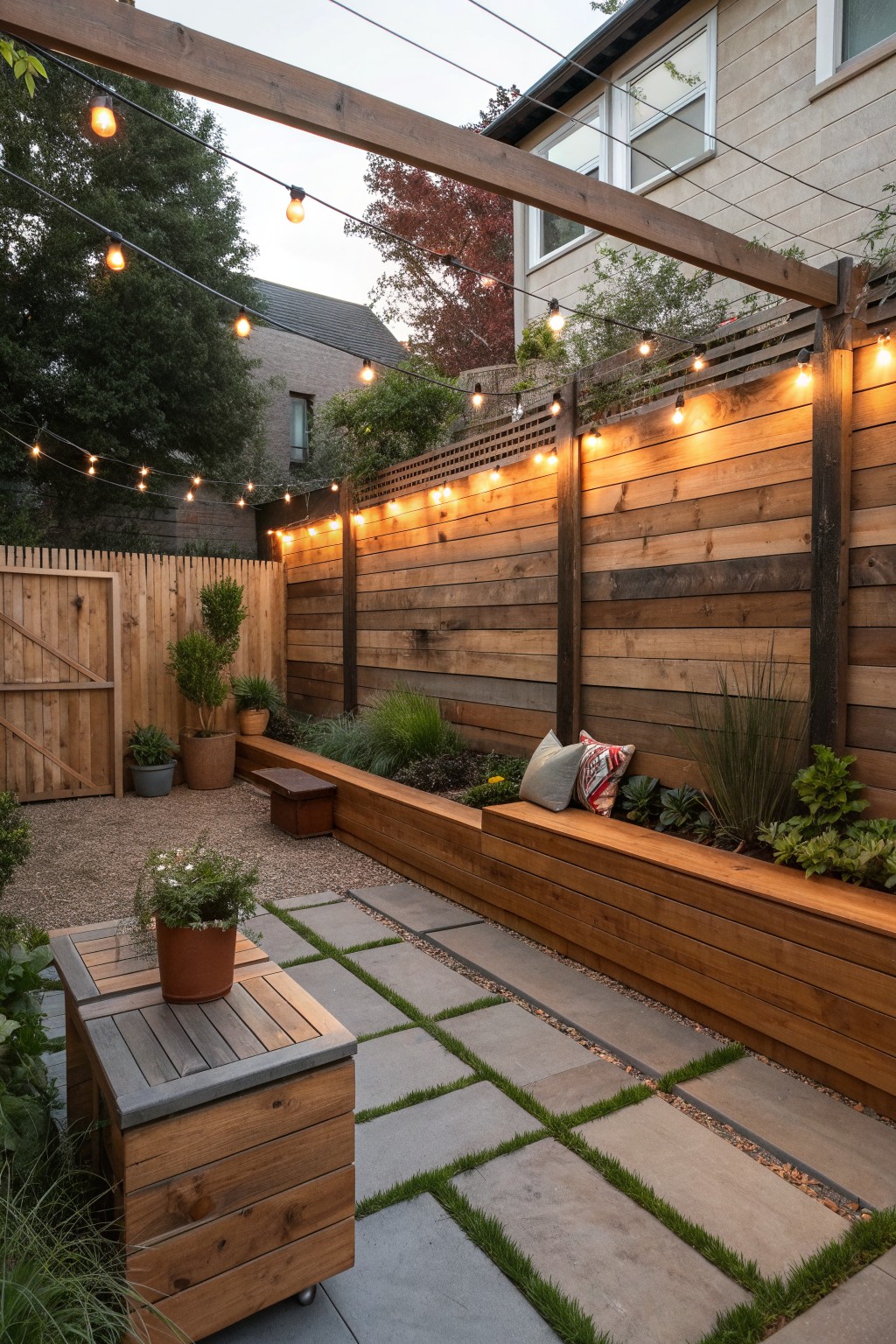 Backyard with tall horizontal wood privacy fence, built-in bench with pillows, string lights overhead, potted plants, and stone paver path.