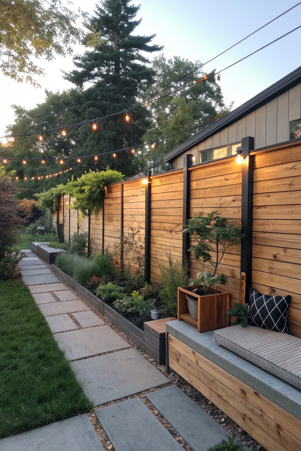 Modern backyard patio with wooden bench, string lights, garden bed and stone path.