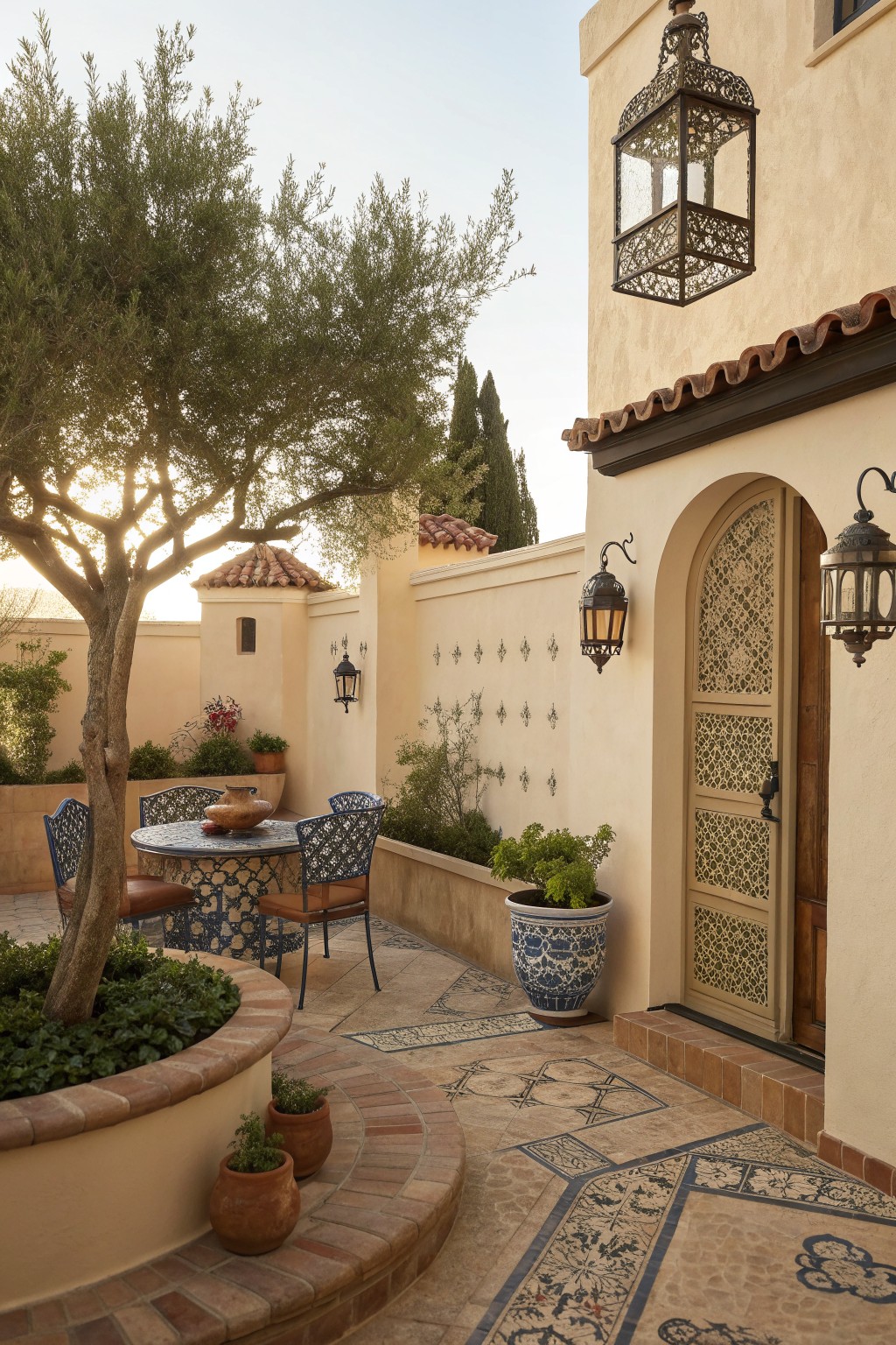 A courtyard patio enclosed by beige stucco walls with decorative tile patterns, a round table with blue metal chairs, potted plants, and a wooden door with lanterns.