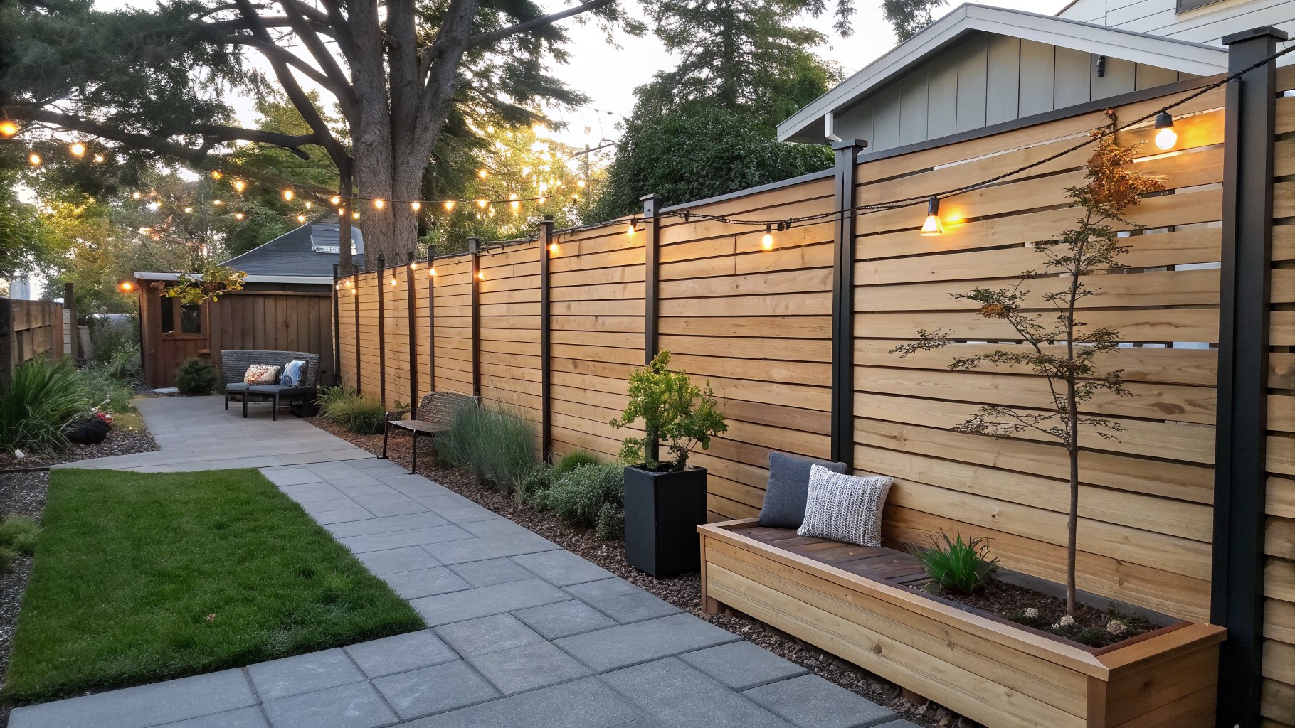 Modern backyard patio with wooden bench, string lights, garden bed and stone path.