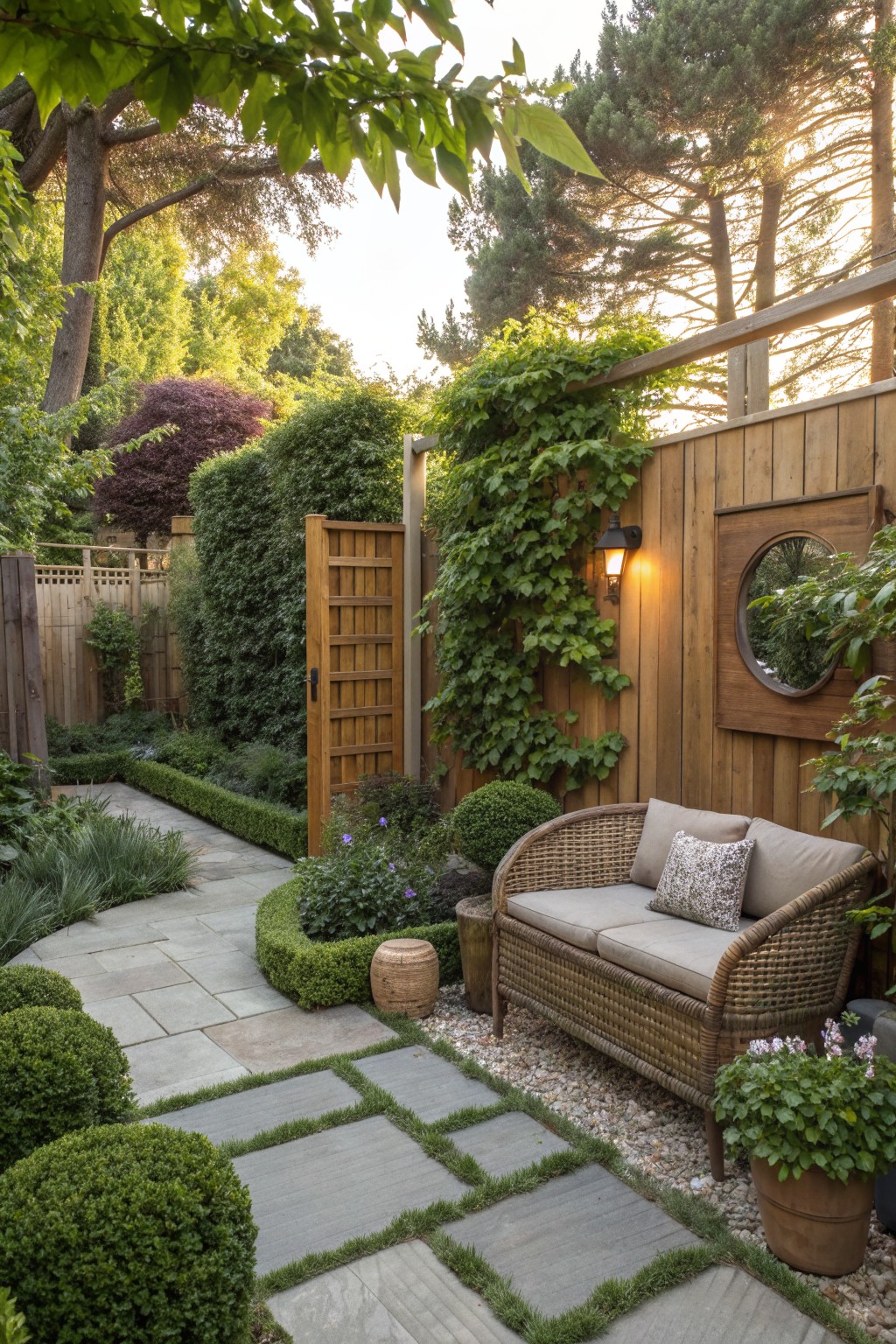 A backyard garden with a wooden privacy fence covered in climbing vines, a wicker sofa with cushions, stone pavers, and surrounding shrubs and trees.