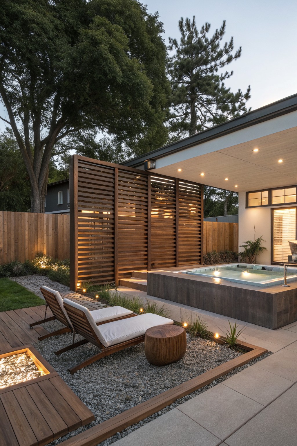 Backyard patio area with two lounge chairs on gravel, a hot tub on a concrete platform, and a tall horizontal wooden slat privacy screen next to a modern house.