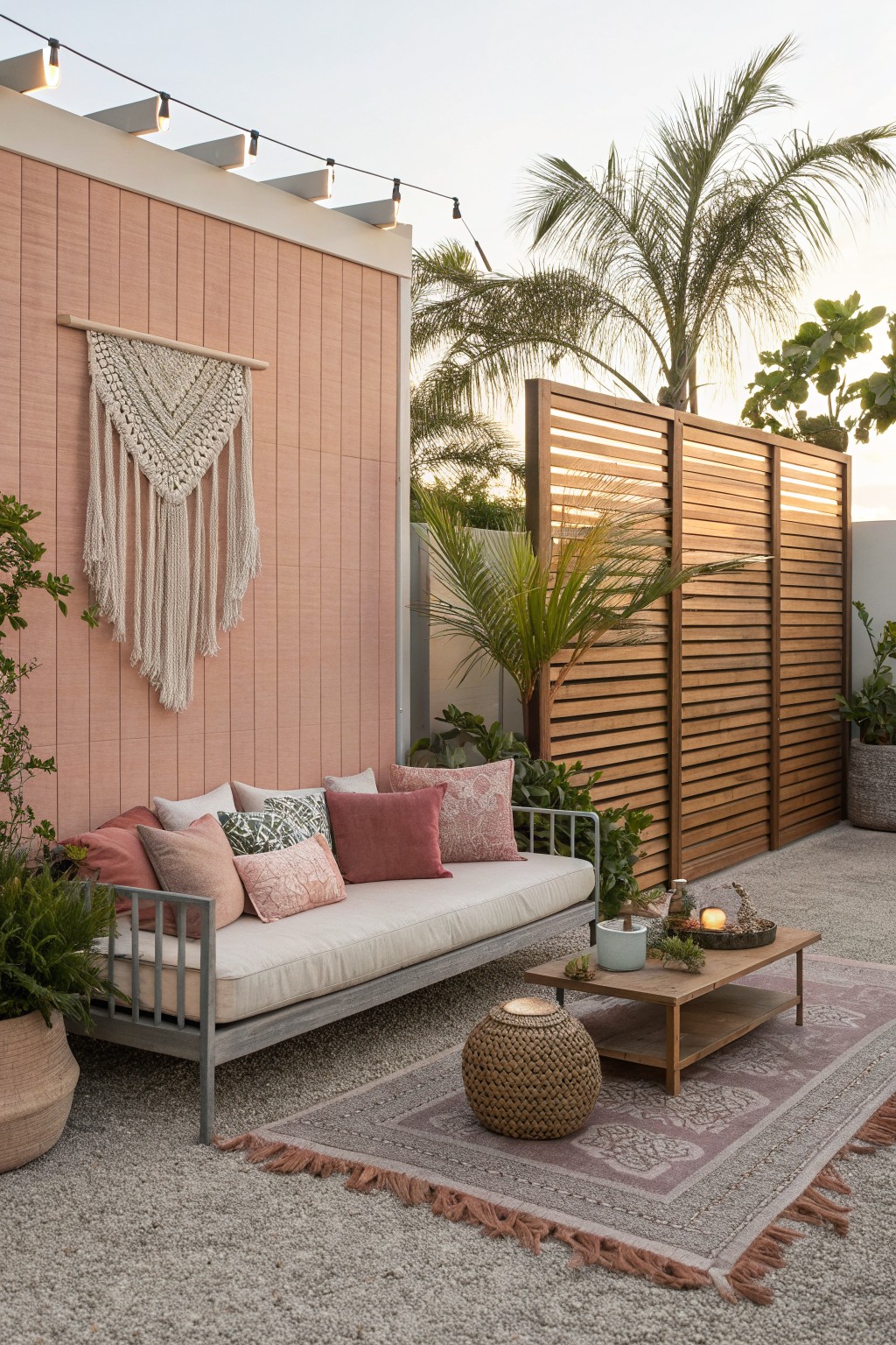 Backyard patio with a gray outdoor daybed, pink and patterned cushions, wooden coffee table, woven rug on gravel, and a tall horizontal wood slat privacy fence next to a pink wall.