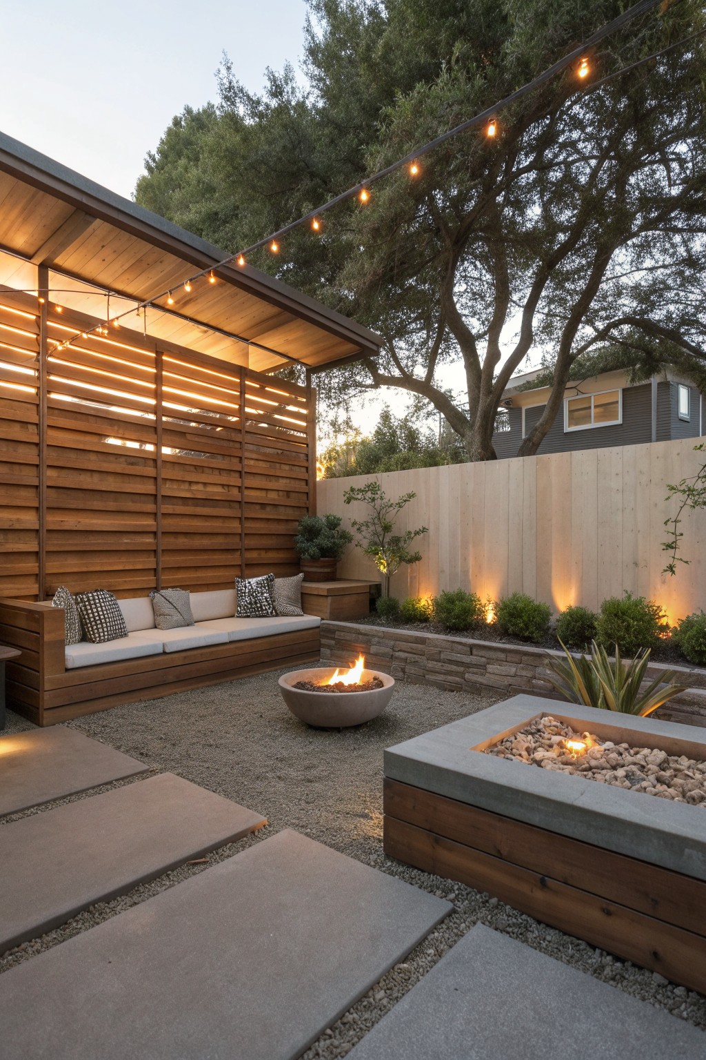 Modern backyard patio with wooden bench, fire pits, string lights, and pavers.