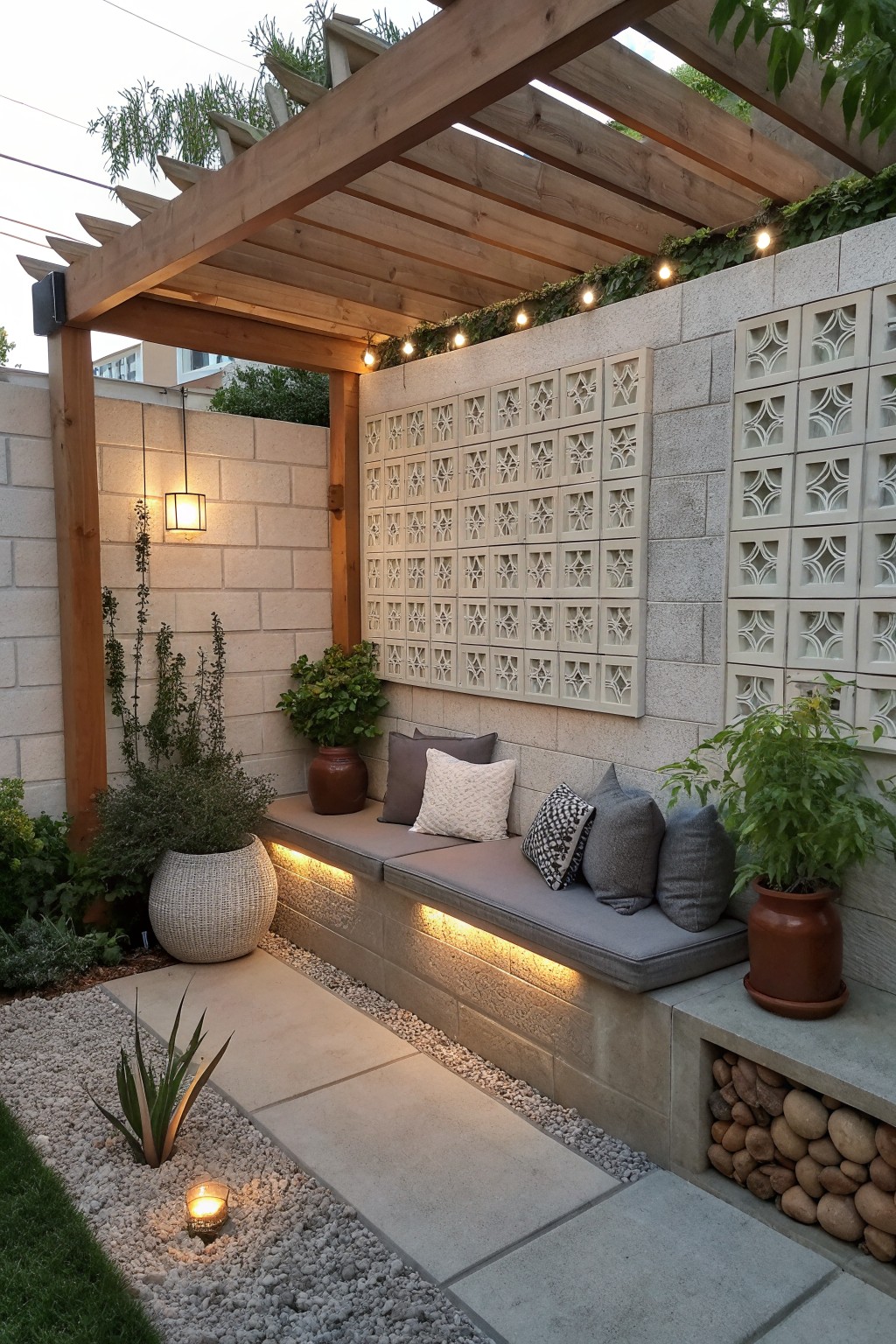 A backyard patio features a built-in bench seat against a tall wall of decorative concrete screen blocks, with a wooden pergola overhead and potted plants nearby.