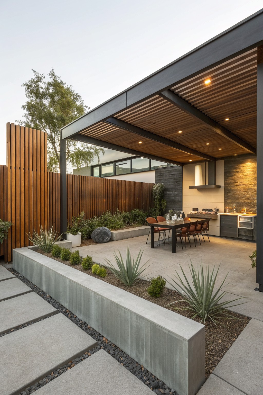 A modern outdoor patio with a dark overhead structure, dining table, outdoor kitchen, and tall vertical wood slat privacy fences along the perimeter.