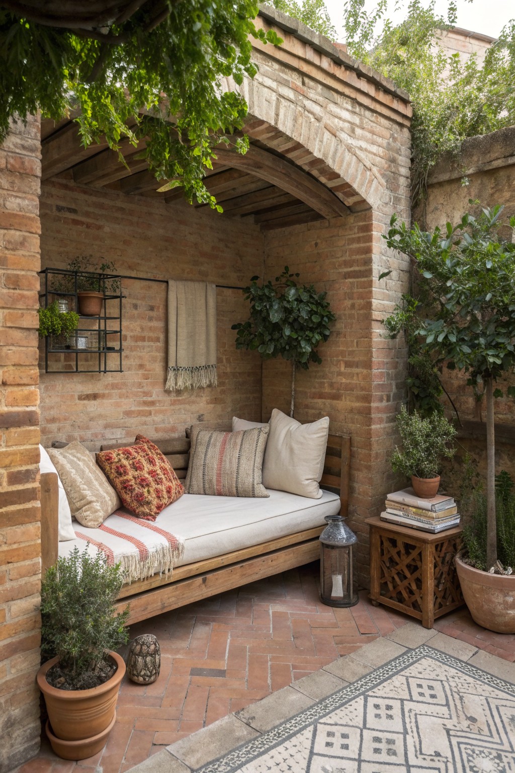 Cozy brick alcove with wooden daybed, cushions, lantern, and potted plants on tiled floor