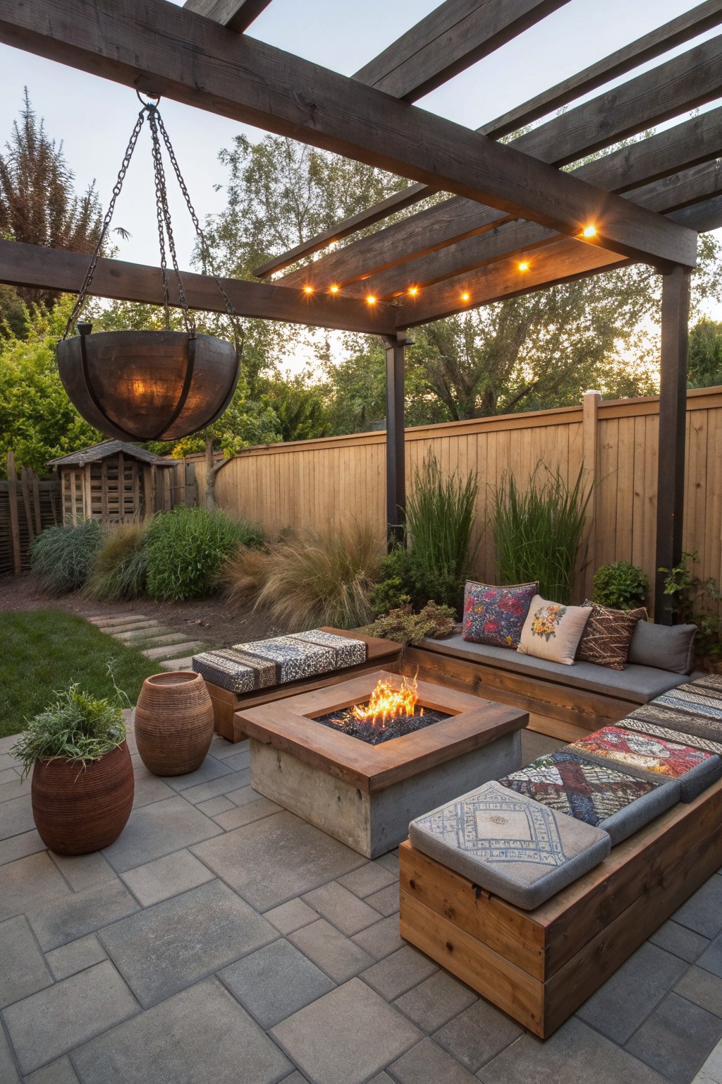 Outdoor patio with built-in wooden benches arranged around a concrete fire pit under a wooden pergola.