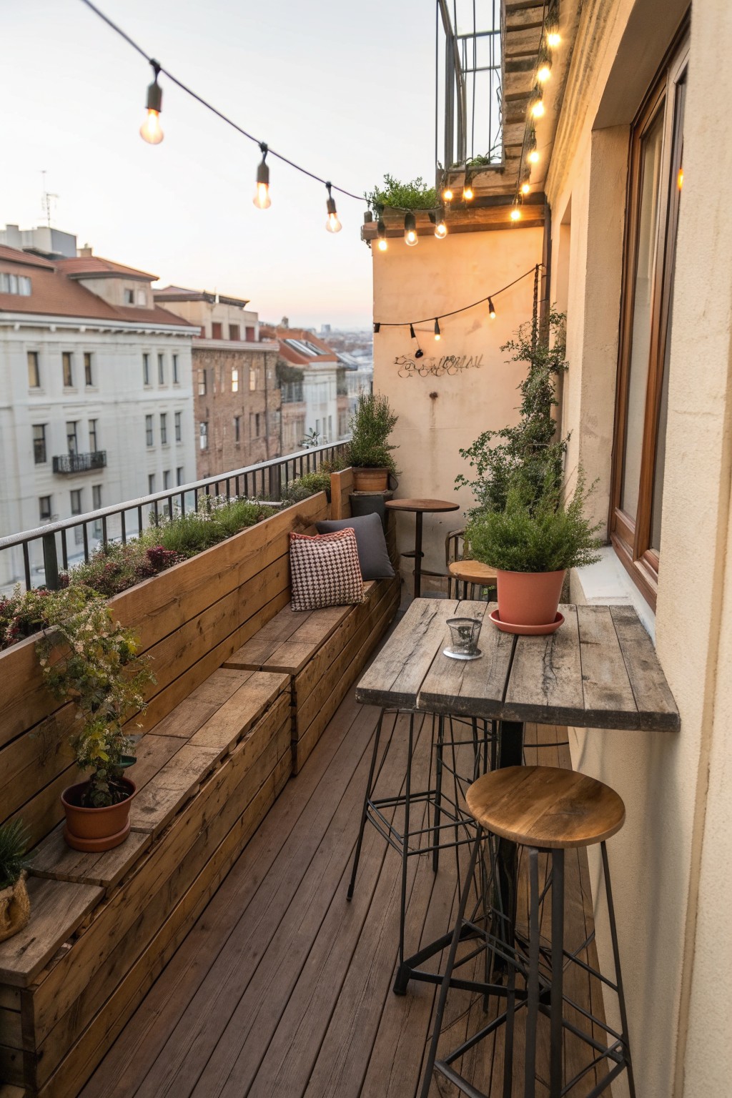 Cozy wooden balcony with bench, table, stools, plants, and string lights at dusk.