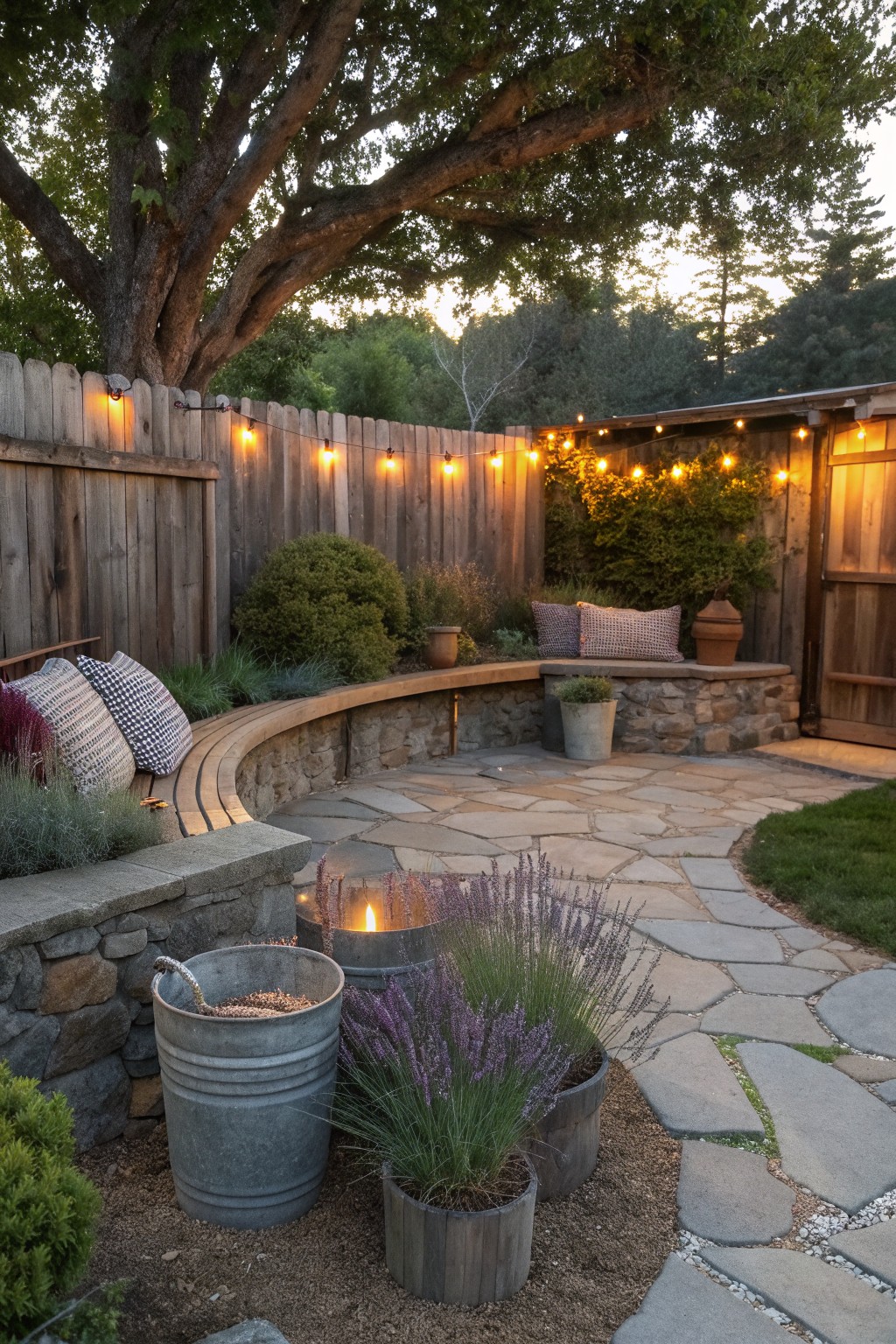 A curved stone wall topped with wooden benches in a backyard patio, surrounded by potted plants, a metal fire pit, string lights, and a stone path.