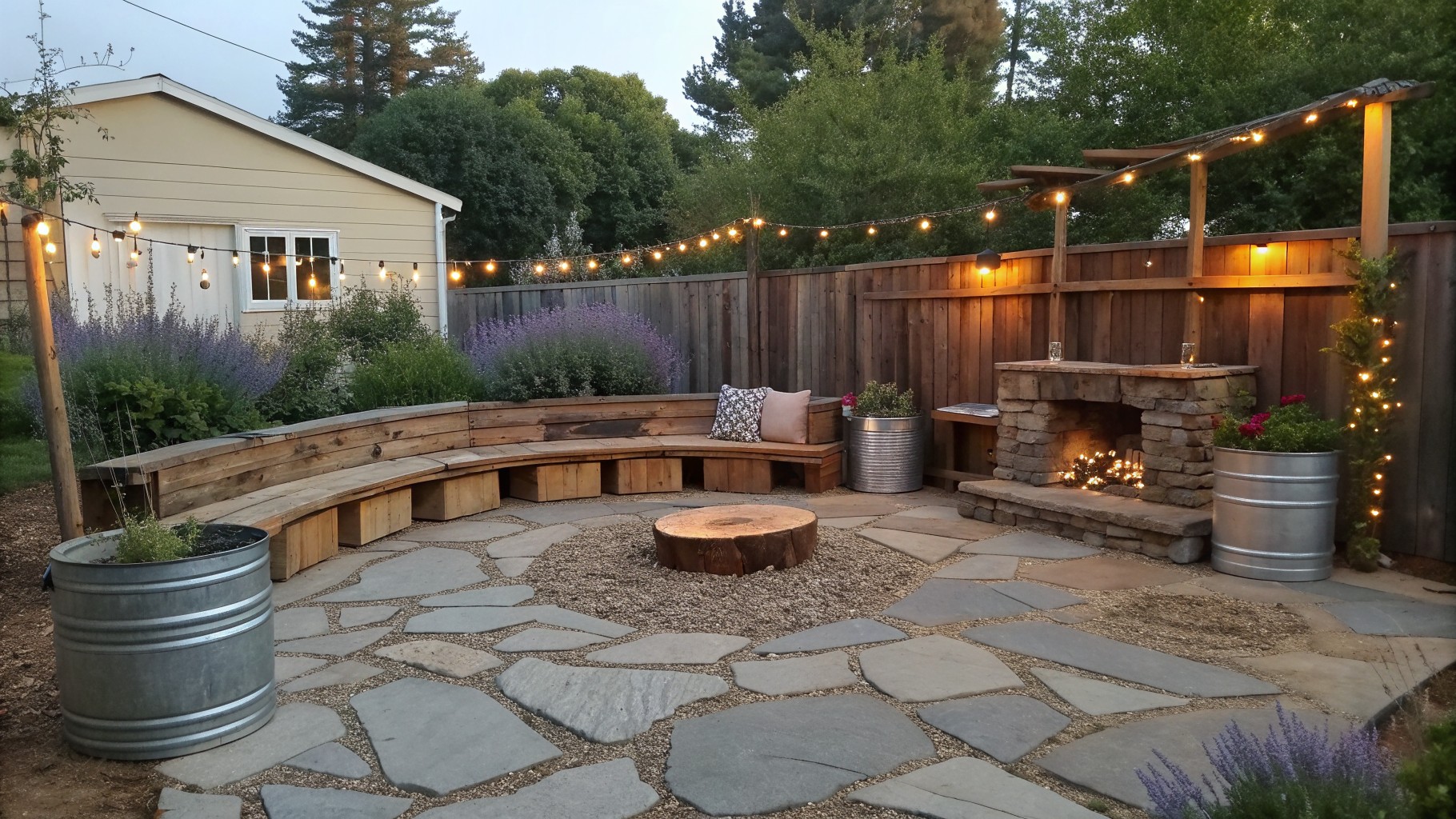 A curved stone wall topped with wooden benches in a backyard patio, surrounded by potted plants, a metal fire pit, string lights, and a stone path.