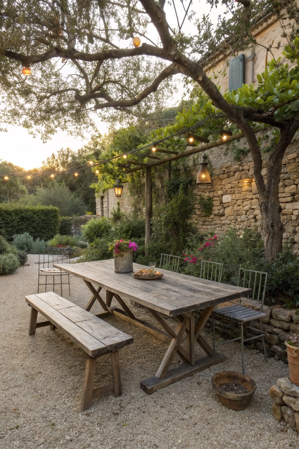 A long rustic wooden dining table with a matching bench on one side and metal chairs on the other sits on gravel in an outdoor garden area beside a stone wall.