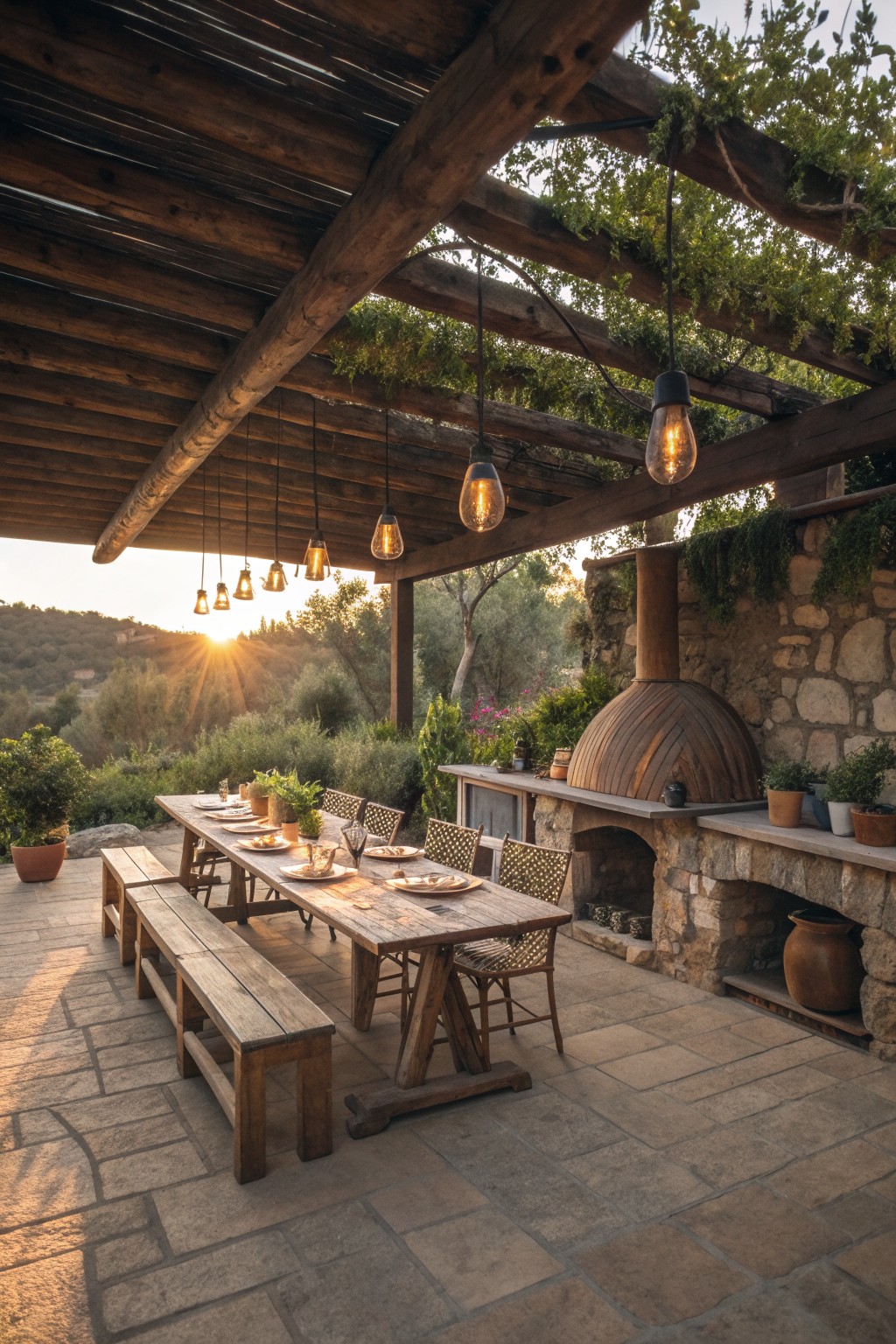 A long reclaimed wood dining table with benches and woven chairs sits under a wooden pergola beside a stone pizza oven on a stone patio at sunset.