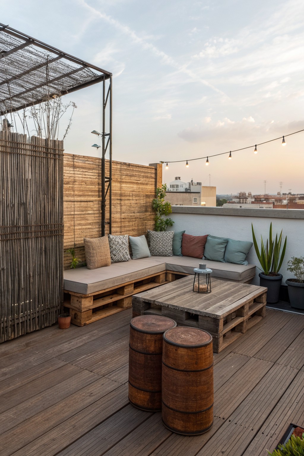 Rooftop deck with L-shaped pallet seating topped with cushions, a reclaimed wood table, two barrel stools, and potted plants along a wooden fence.