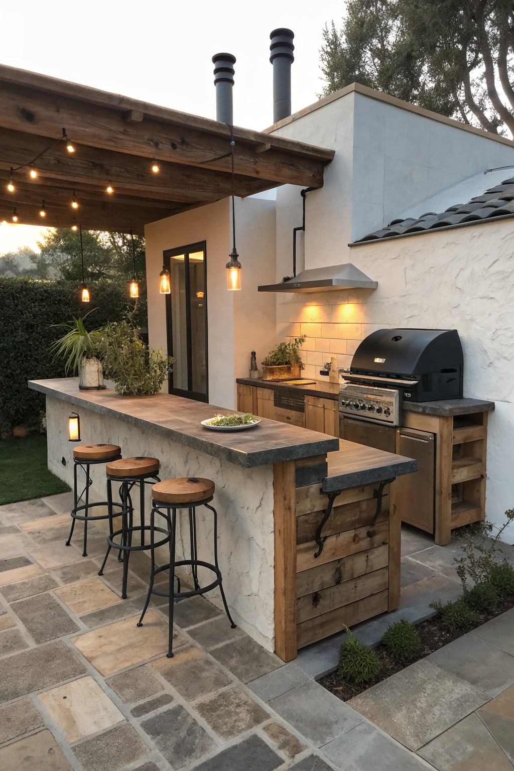 Outdoor kitchen bar with marble counter, wooden stools, grill, and string lights at dusk.