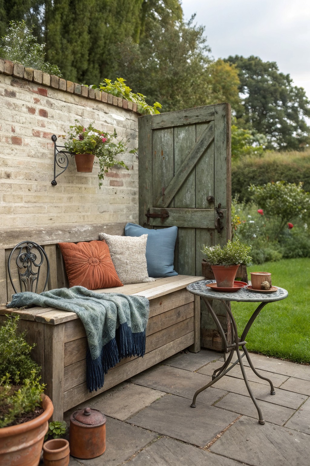 A reclaimed wood bench with cushions and a throw blanket sits on a paved patio beside a weathered green gate and brick wall, with potted plants and a small metal table nearby.