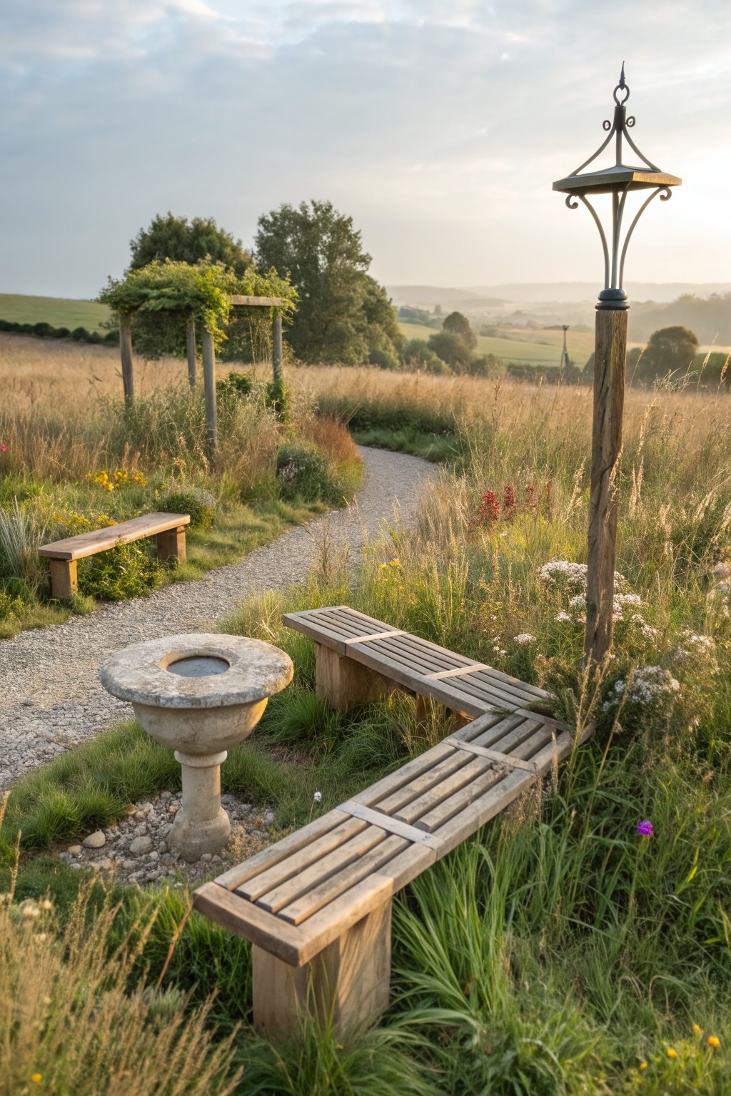 Two wooden benches, a stone birdbath, and a tall lantern post are placed along a gravel path through tall grass and wildflowers.