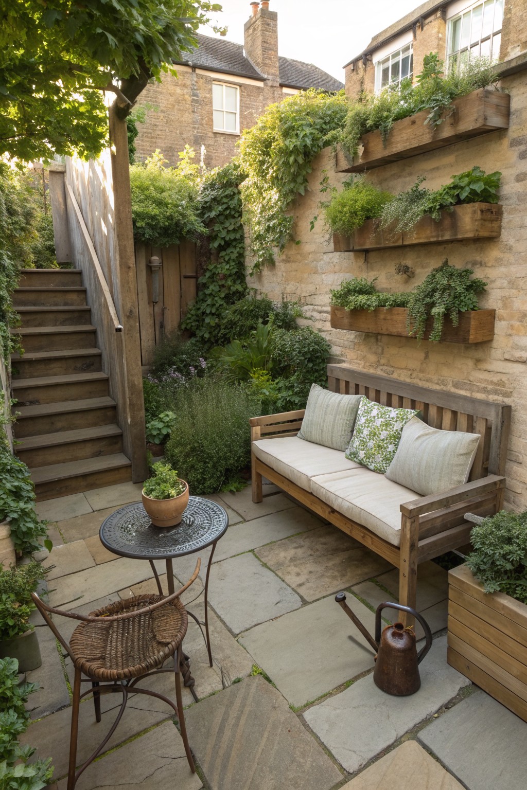 A wooden bench with cushions on a stone patio beside a brick wall fitted with several wooden planters, a small round table, and a wicker chair.