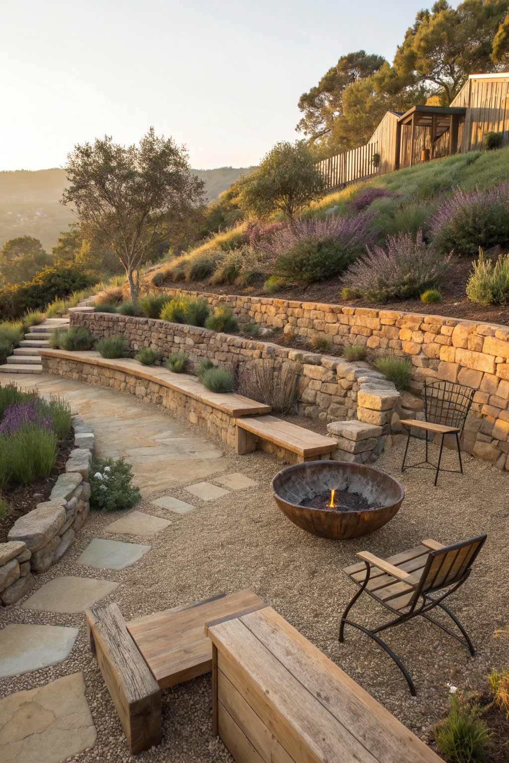 An outdoor fire pit area with reclaimed wood benches, a metal fire bowl, stone retaining walls, gravel surface, and hillside landscaping.