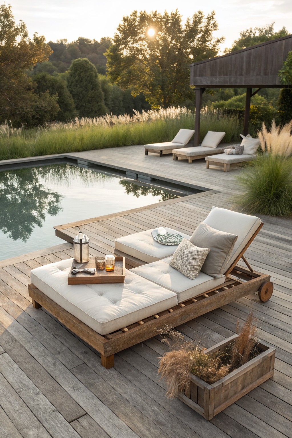 Two reclaimed wood lounge chairs with off-white cushions sit on a gray wooden deck beside a pool, with a wooden tray holding glasses on the front chair.