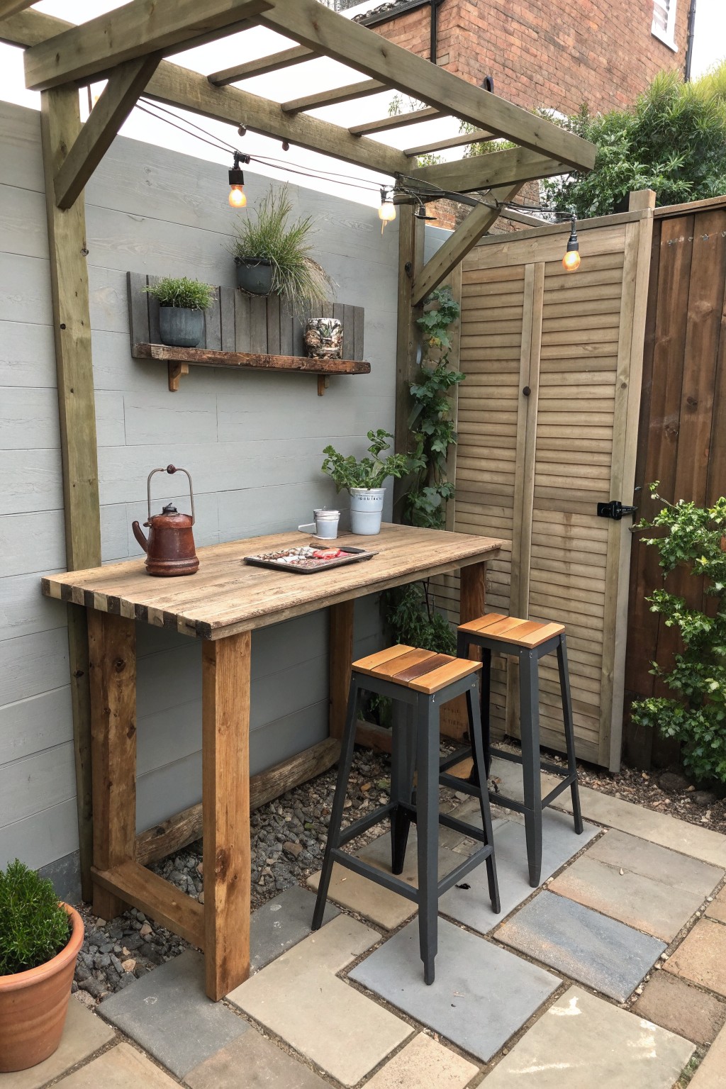 A reclaimed wood outdoor counter with two stools sits on a paved patio beneath a wooden pergola with string lights.