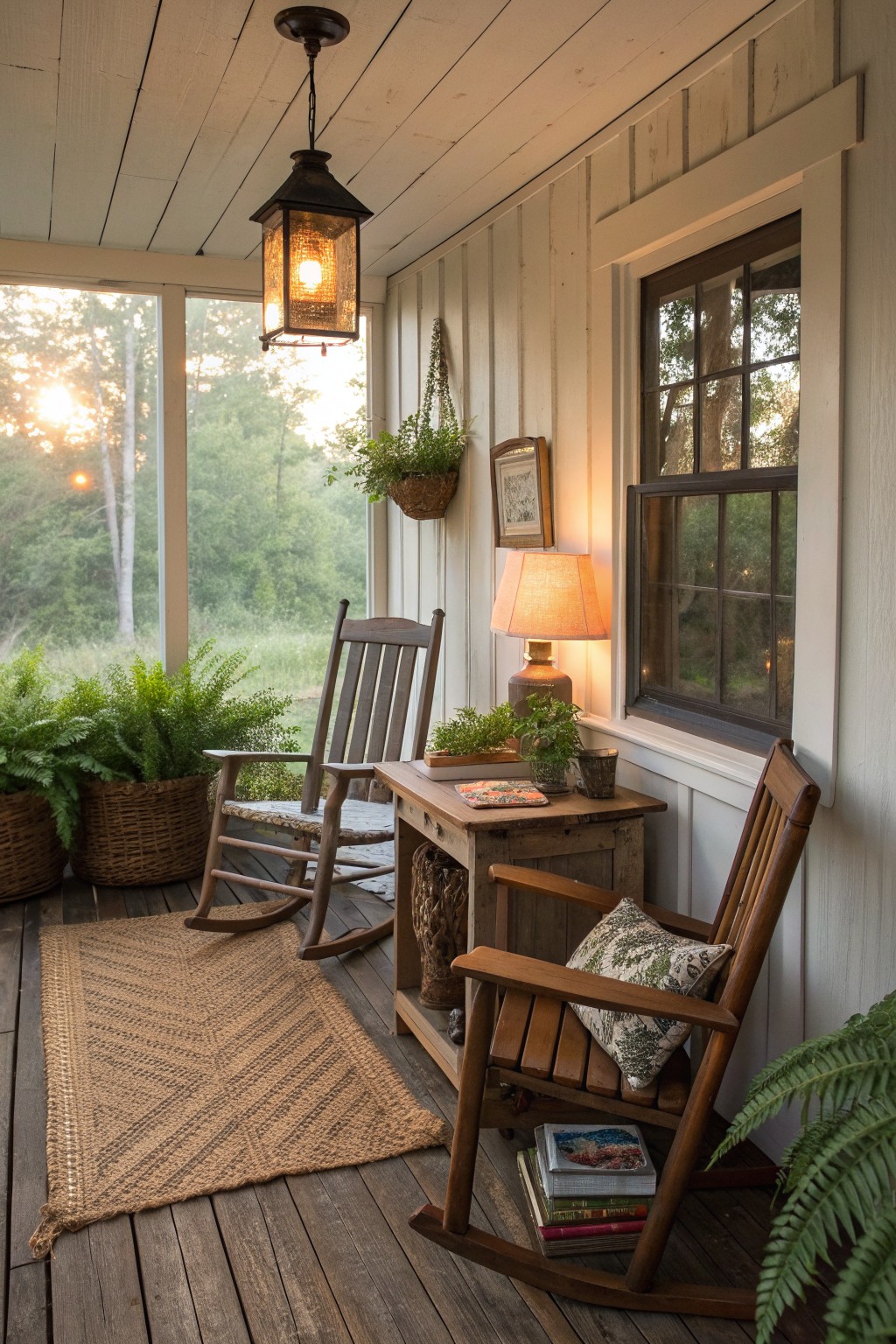 Two wooden rocking chairs sit on a porch beside a reclaimed wood table, with a woven rug, hanging lantern, and large windows in view.