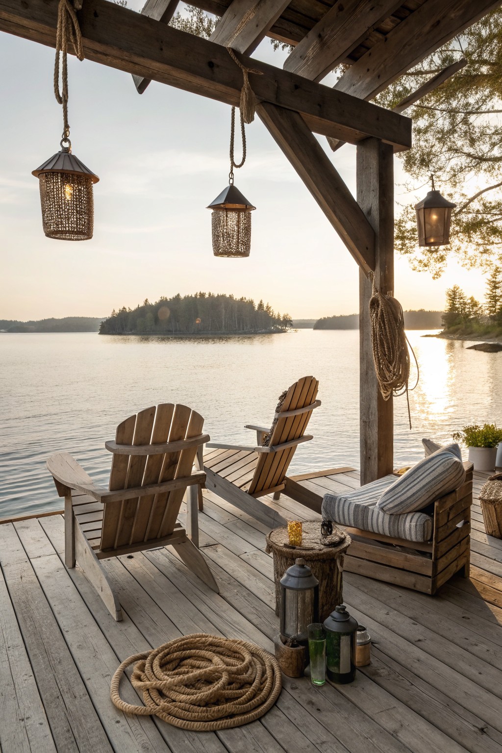 A wooden deck overlooking a lake features two Adirondack chairs, a cushioned bench made from wood planks, hanging lanterns, and coiled rope on the floor.
