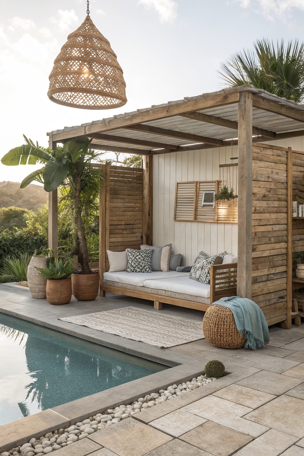 A reclaimed wood pergola shades a wooden daybed with cushions next to a swimming pool on a stone patio.