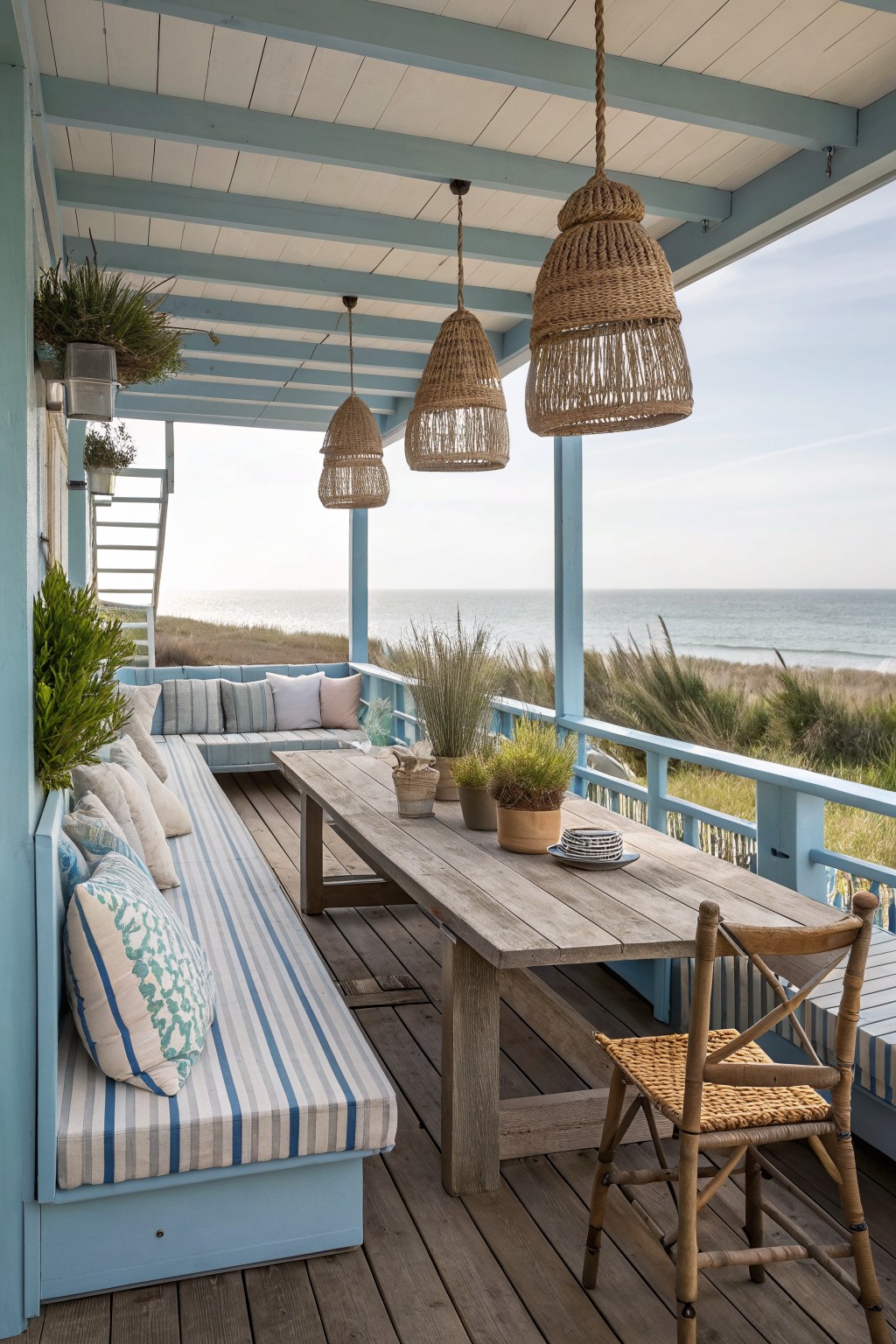 Light blue coastal porch with striped bench, wooden table, woven pendants, ocean view.