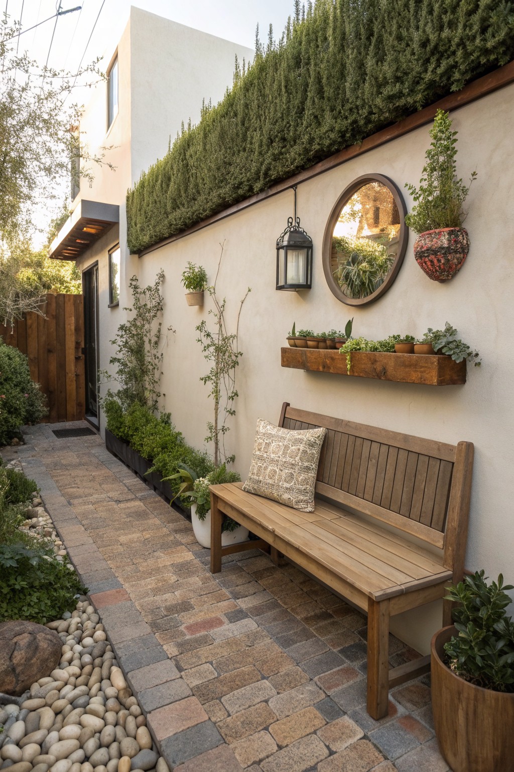 A wooden bench with a patterned cushion sits on a brick path against a stucco wall with a round mirror, lantern, and wooden plant shelf.
