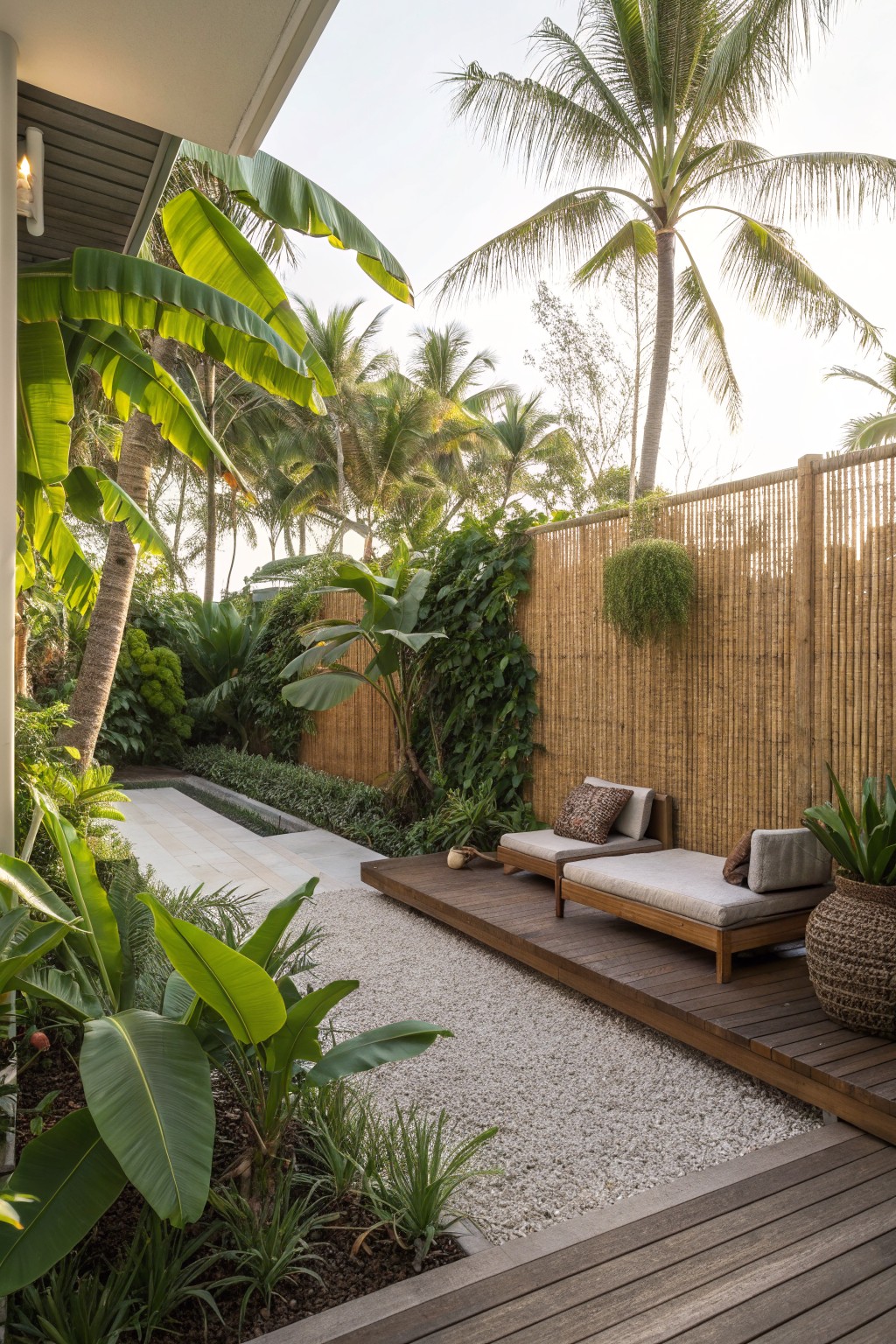 Outdoor deck area with two lounge chairs next to a tall bamboo fence partially covered in climbing vines and hanging plants, surrounded by tropical greenery.
